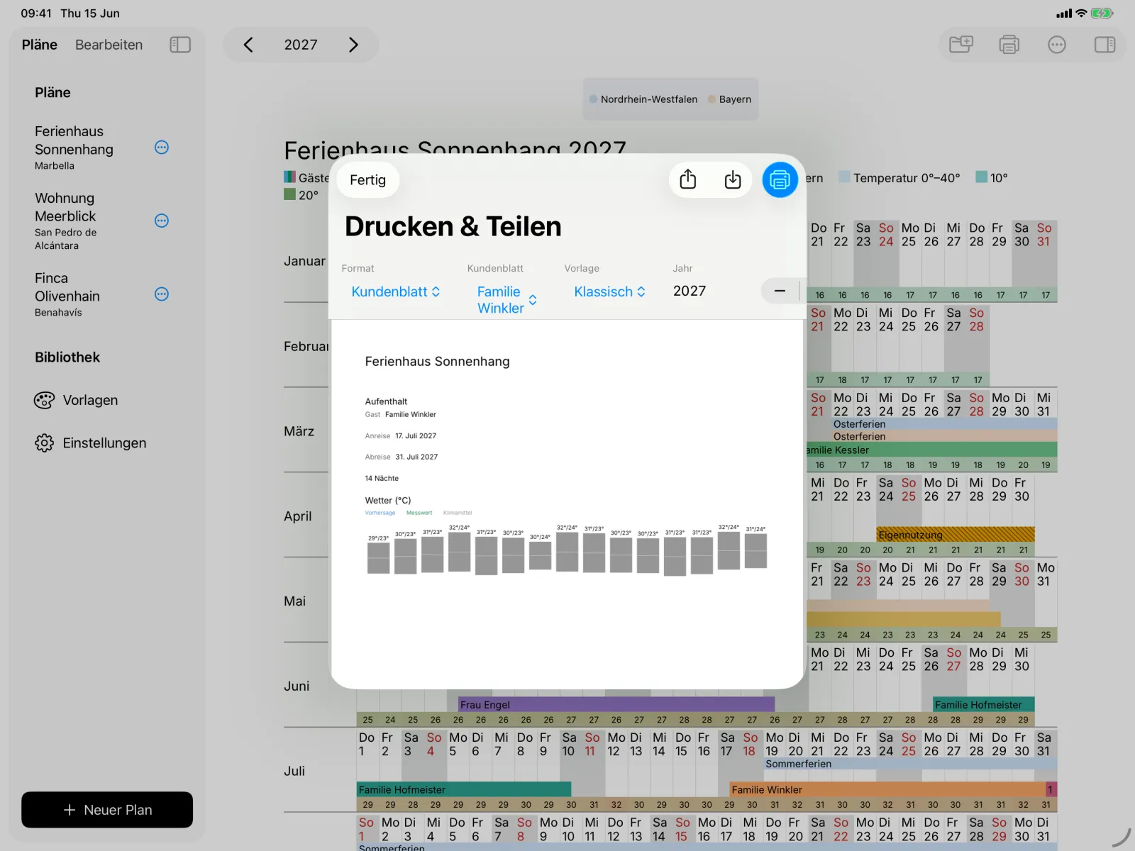 iPad: Kundenblatt für einen Gast mit Aufenthalt und Temperaturverlauf