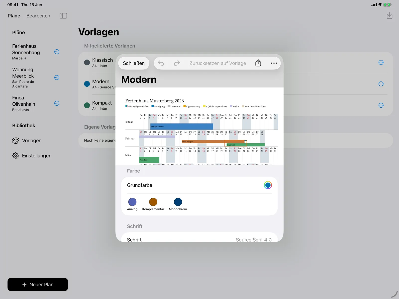 iPad: Vorlagen-Editor mit Vorschau, Grundfarbe und Schrift