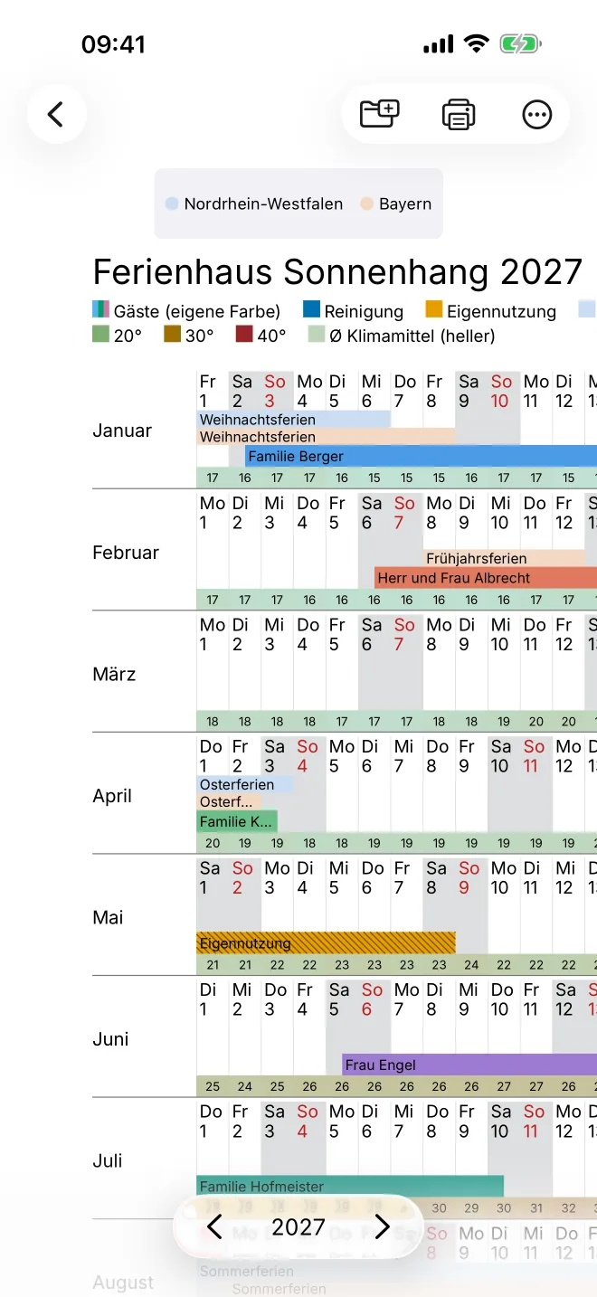 iPhone: Jahresplan mit Buchungen, Schulferien und Temperaturzeile