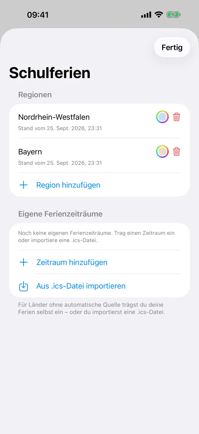 iPhone: gewählte Schulferien-Regionen und eigene Ferienzeiträume