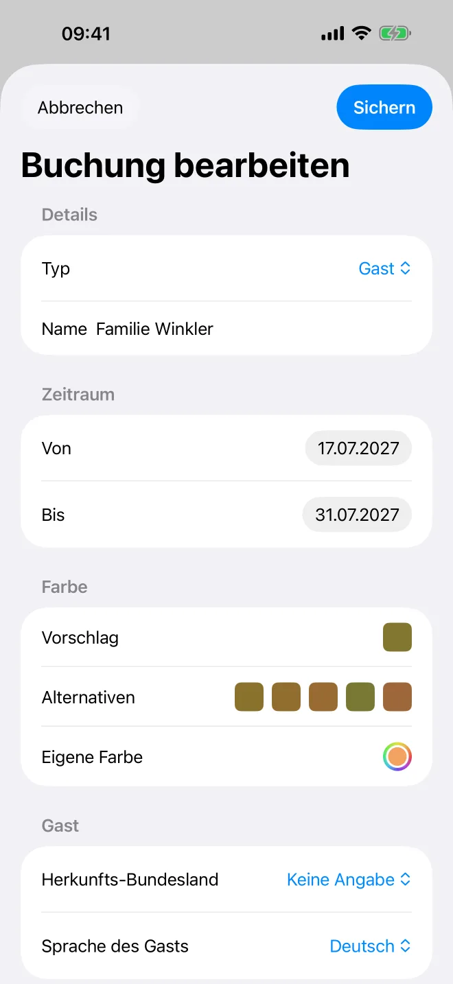 iPhone: Buchung bearbeiten mit Typ, Name, Zeitraum und Farbvorschlägen
