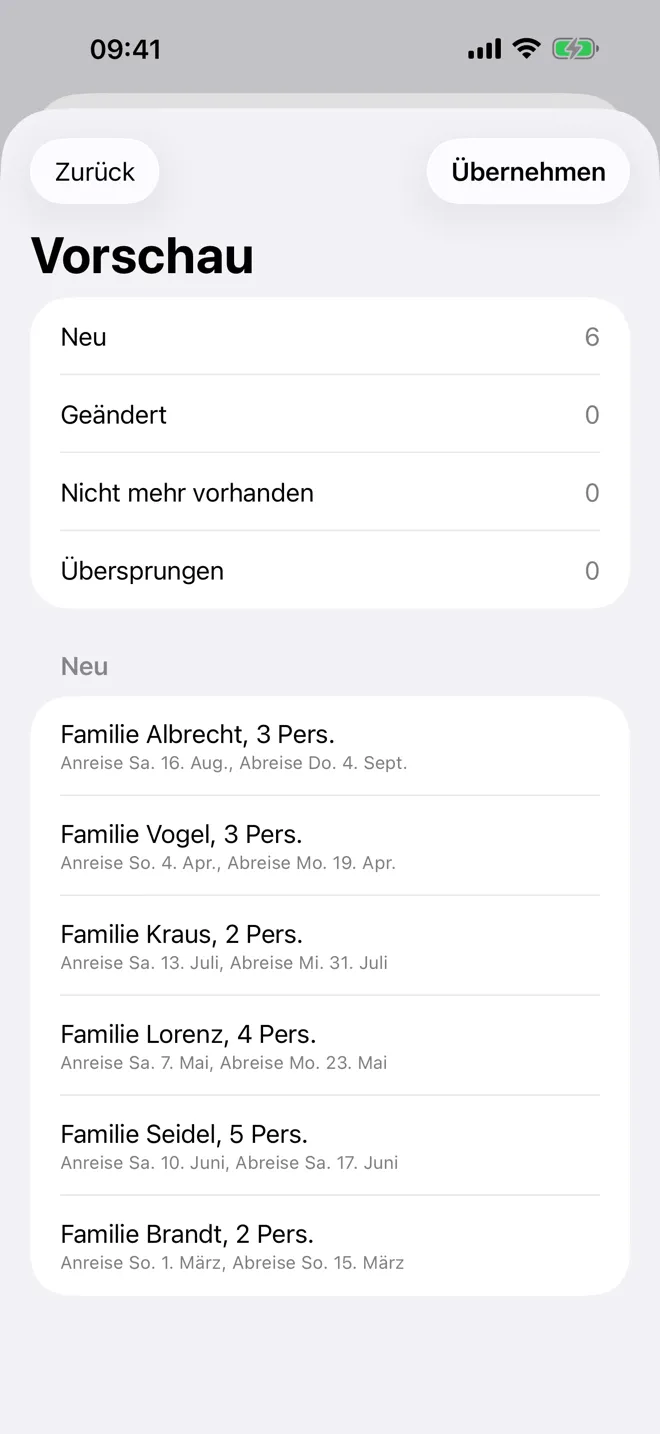 iPhone: Vorschau eines eingelesenen Kalenders mit sechs neuen Buchungen, bevor sie übernommen werden