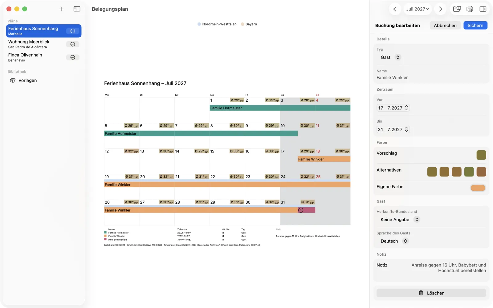Mac: Monatsplan Juli mit Tagestemperaturen, rechts daneben das Formular zum Bearbeiten einer Buchung mit Zeitraum, Farbe und Notiz
