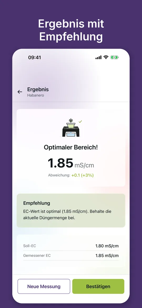 Ergebnis einer Messung: EC 1,85 mS/cm im optimalen Bereich, Abweichung zum Soll und Empfehlung zur Düngermenge