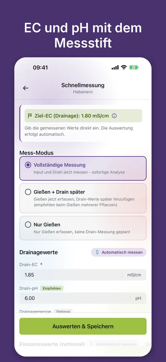Schnellmessung mit Ziel-EC, Auswahl des Mess-Modus und Feldern für Drain-EC und Drain-pH, die das Messgerät automatisch füllen kann