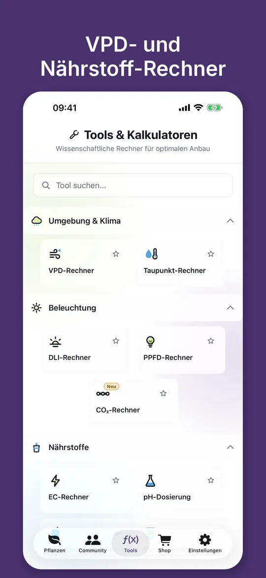 Übersicht der Rechner: VPD, Taupunkt, DLI, PPFD, CO2, EC und pH-Dosierung