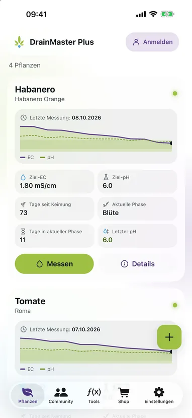 Startseite von DrainMaster Plus im Glas-Design: Pflanzenkarten mit EC-Verlauf, Zielwerten und aktueller Phase