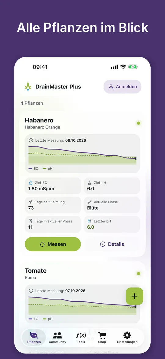 Startseite der App im Glas-Design: Pflanzenkarten mit EC-Verlauf, Ziel-EC, Ziel-pH, Tagen seit Keimung und aktueller Phase