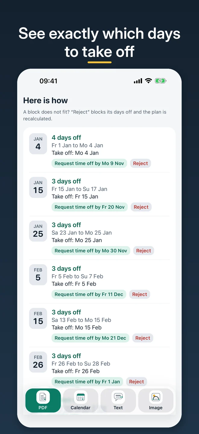 List of blocks with the days to take off and the date by which to request them