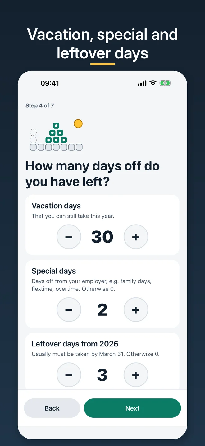 Setup: vacation days, special days and leftover days from last year