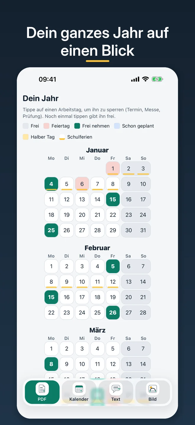 Jahreskalender mit Feiertagen, Schulferien und markierten Tagen zum Freinehmen