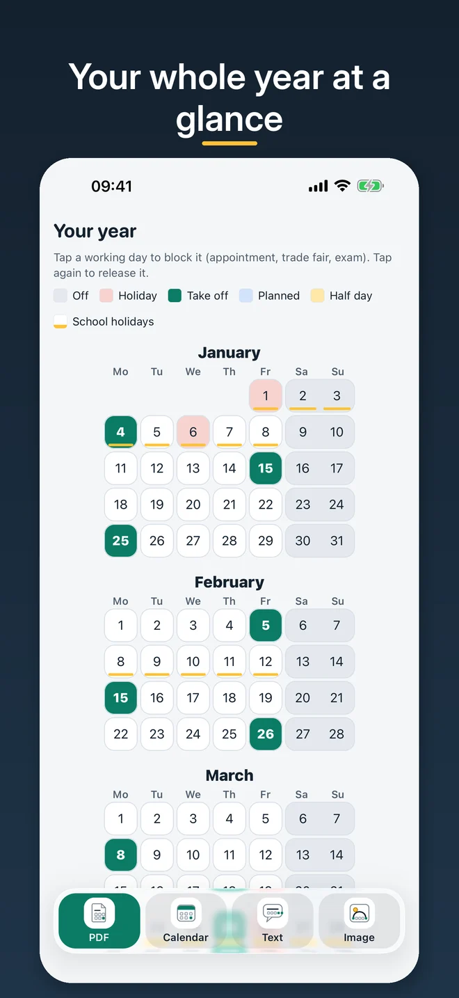 Year calendar with public holidays, school holidays and marked days to take off