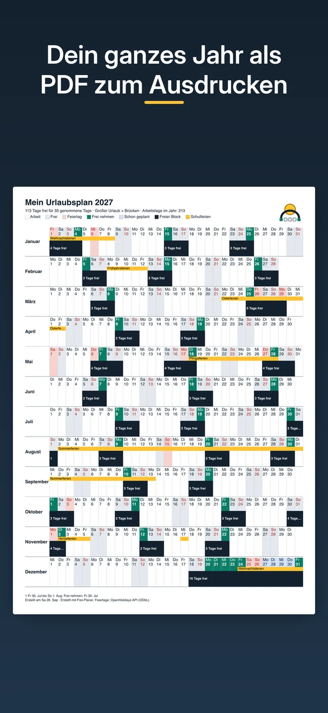 Jahresplan 2027 als PDF: zwölf Monatszeilen mit Feiertagen, Schulferien, Tagen zum Freinehmen und den freien Blöcken
