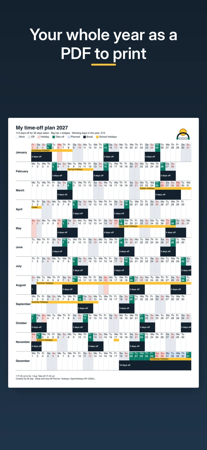 Year plan 2027 as a PDF: twelve month rows with public holidays, school holidays, days to take off and the breaks