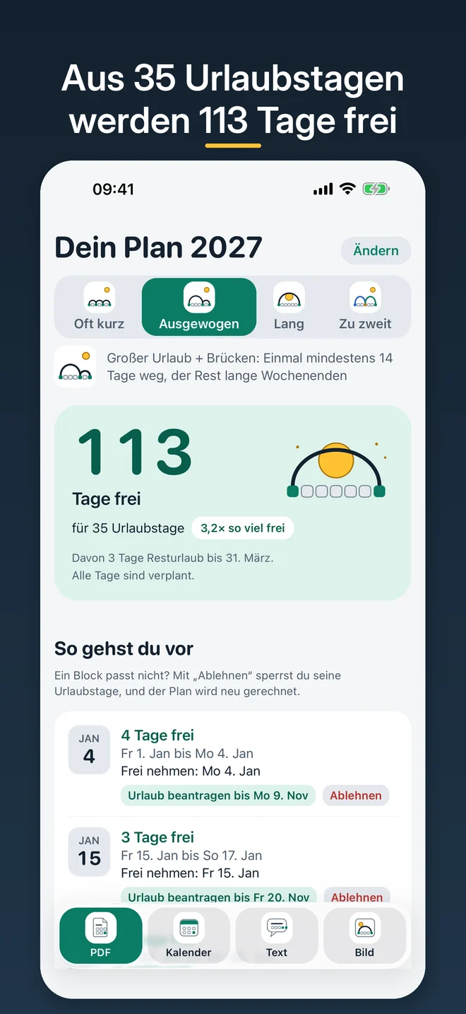 Plan 2027 „Ausgewogen“: 113 Tage frei für 35 Urlaubstage, darunter die ersten freien Blöcke