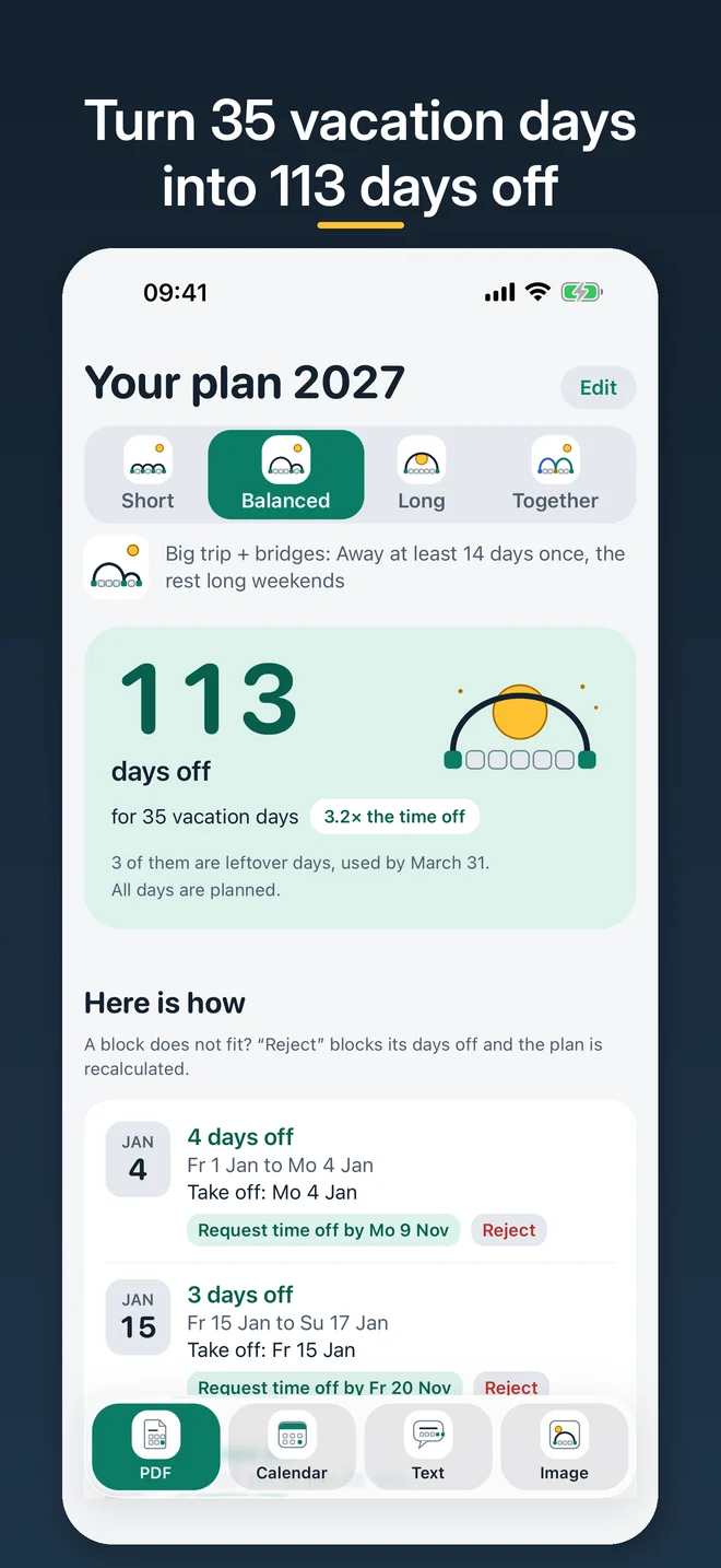 Plan 2027 “Balanced”: 113 days off for 35 vacation days, with the first blocks below