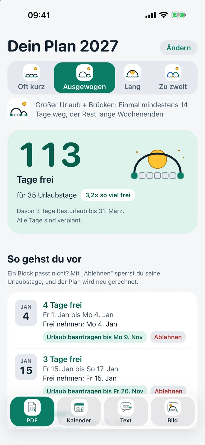 iPhone: Plan 2027 mit Umschalter der Pläne, gewählt „Ausgewogen“, 113 Tage frei für 35 Urlaubstage