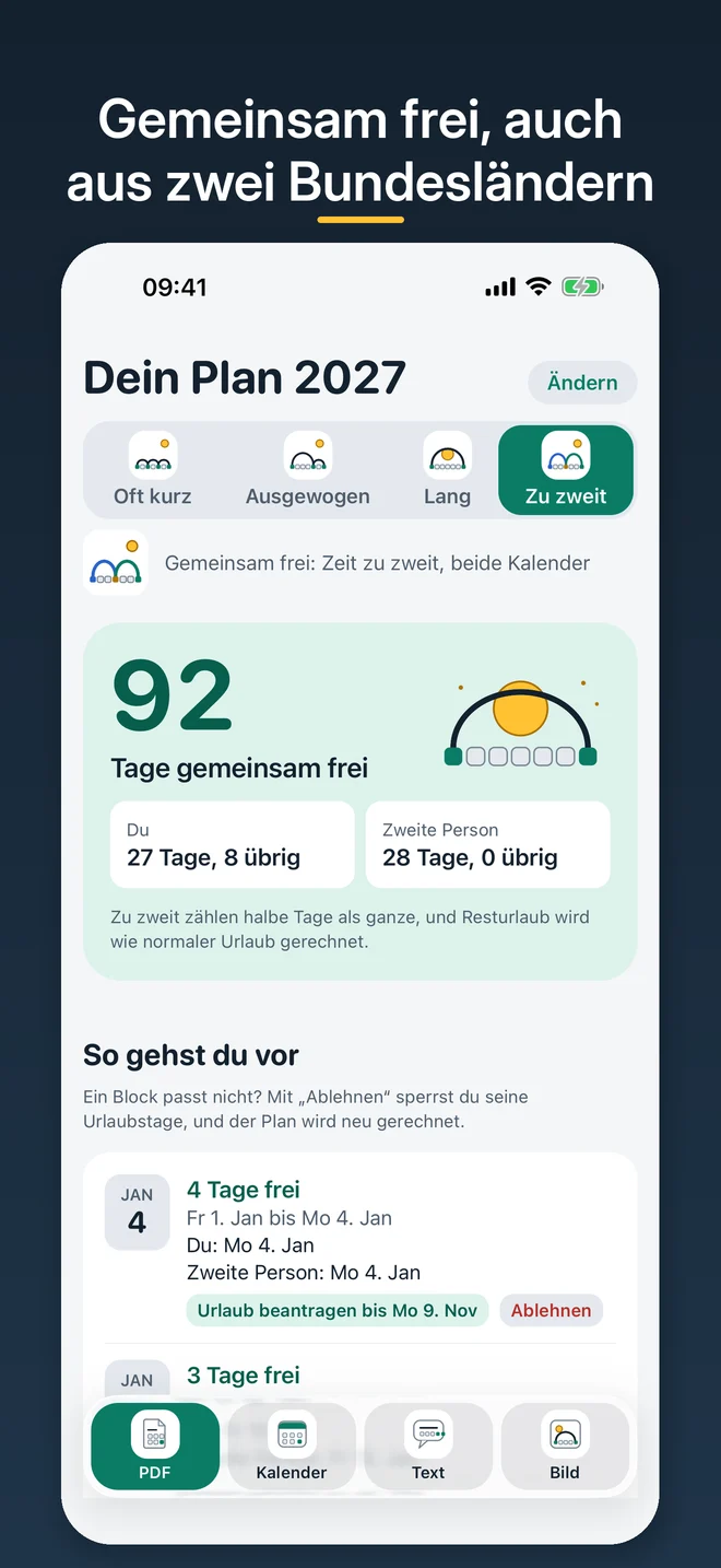 Plan „Gemeinsam frei“ für zwei Personen aus Bayern und Berlin