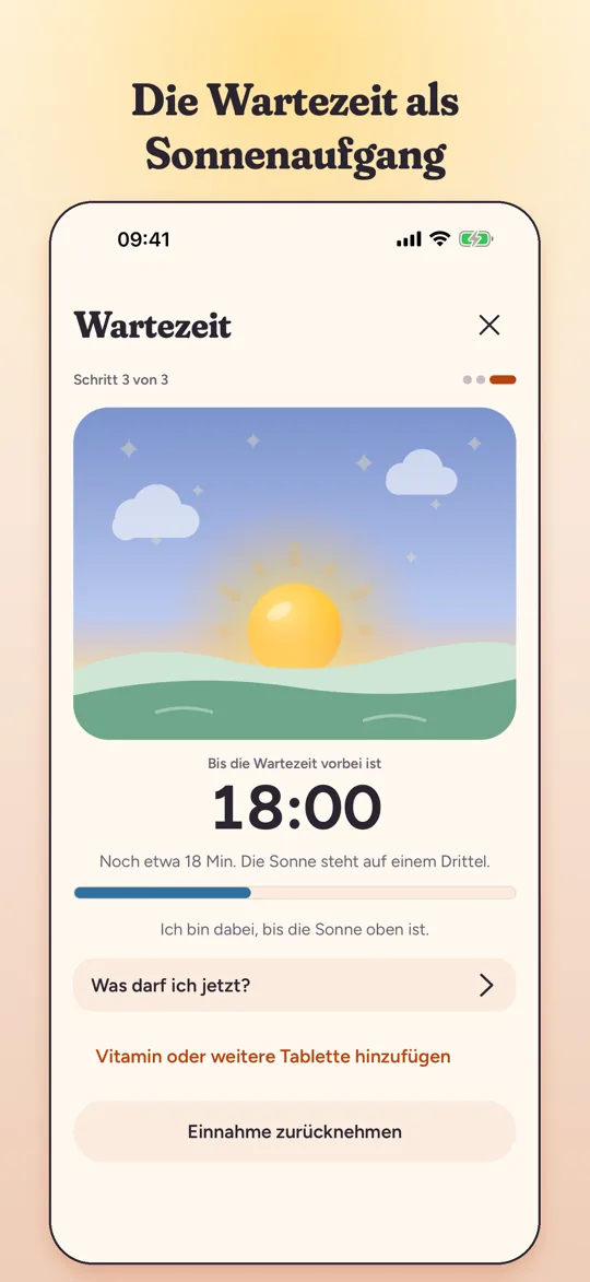 Die Wartezeit als Sonnenaufgang: Countdown mit aufgehender Sonne über einer Hügellandschaft