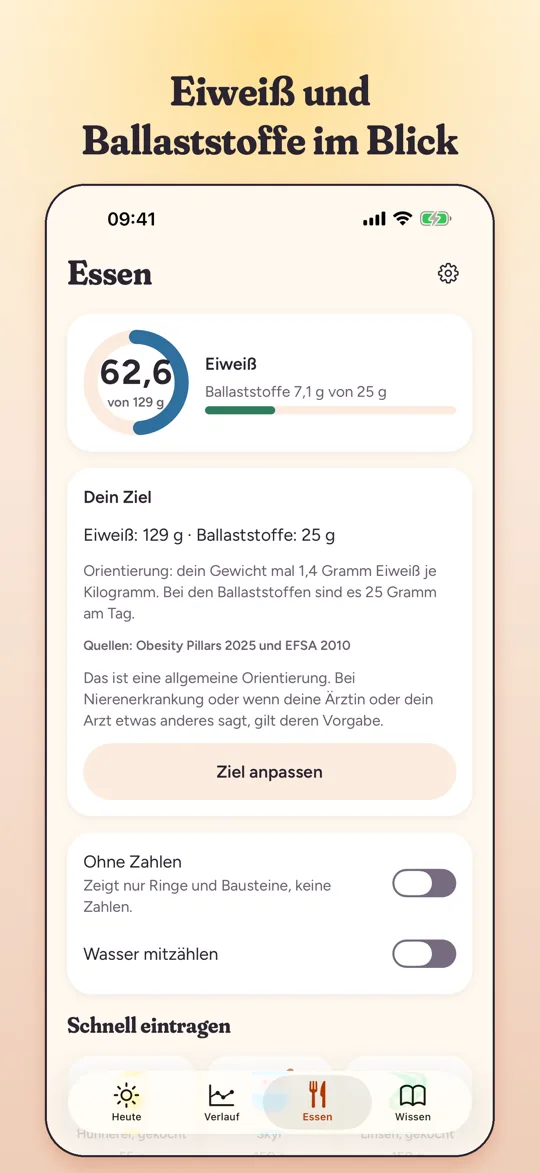 Eiweiß und Ballaststoffe des Tages erfassen