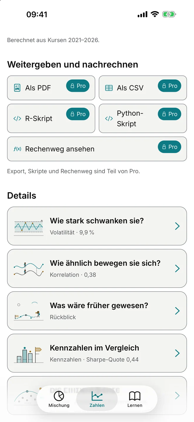 Zahlen-Seite in Portfolio-Analyse: Export als PDF, CSV, R- und Python-Skript und Detail-Karten mit Zeichnungen