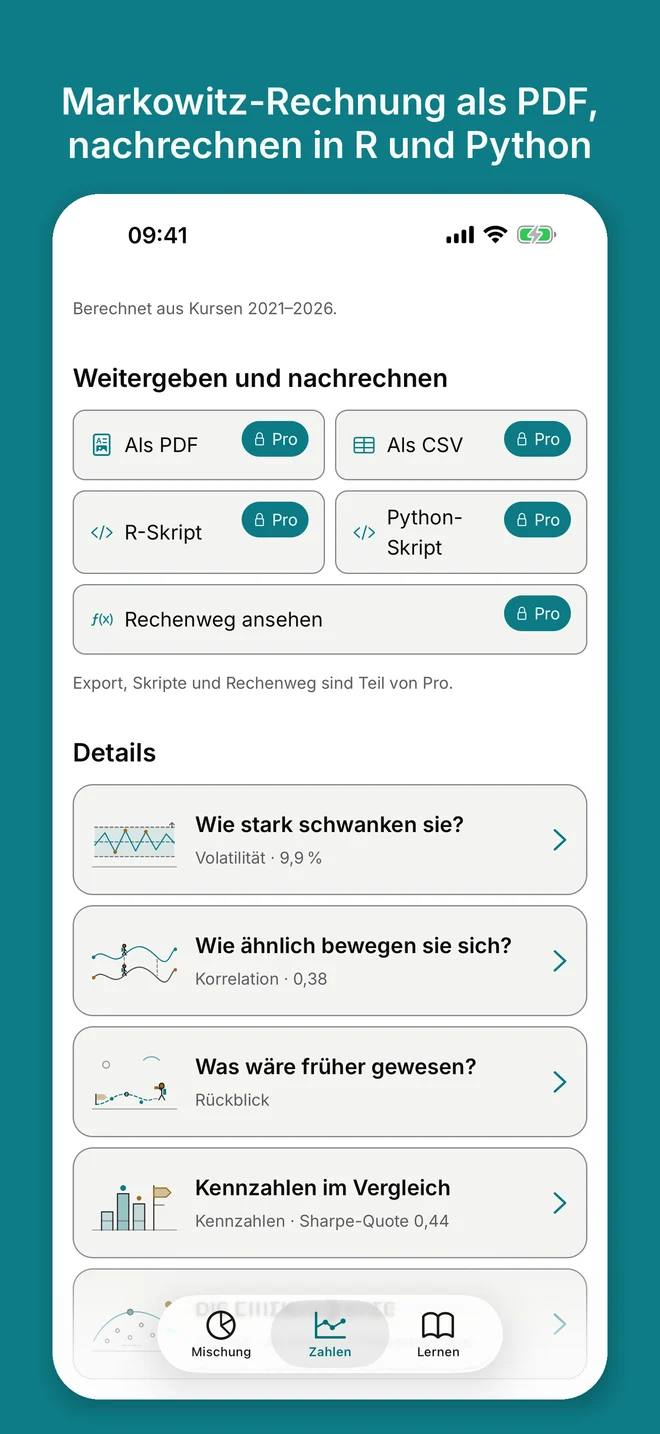 iPhone: Bereich „Weitergeben und nachrechnen“ mit Kacheln für PDF, CSV, R- und Python-Skript und Rechenweg (Pro), darunter die Detail-Karten mit Zeichnungen zu Schwankung, Ähnlichkeit, Rückblick und Kennzahlen