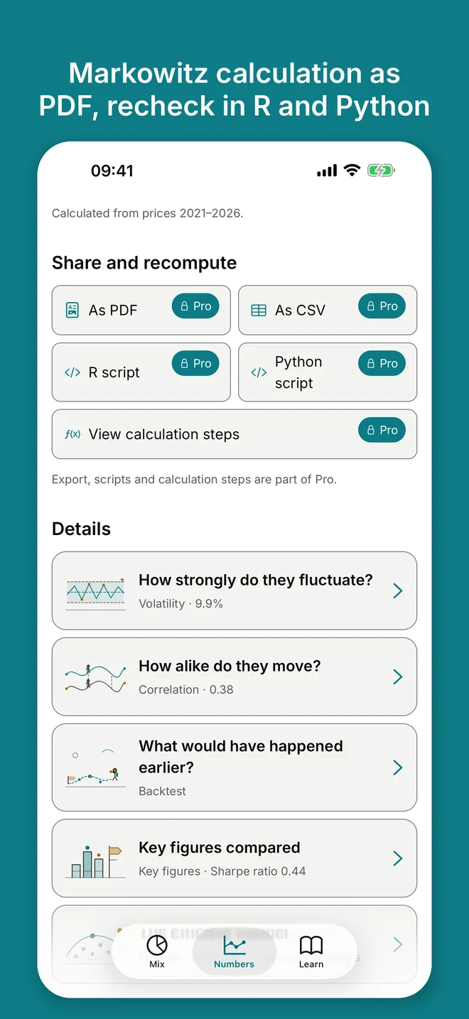 iPhone: section “Share and recompute” with tiles for PDF, CSV, R and Python script and calculation steps (Pro), below the detail cards with drawings for volatility, similarity, look-back and key figures