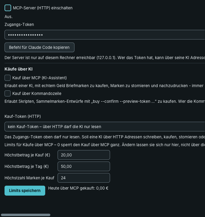 PostOffice: Einstellungen des MCP-Servers mit Zugangs-Token, Schaltern und Ausgabelimits