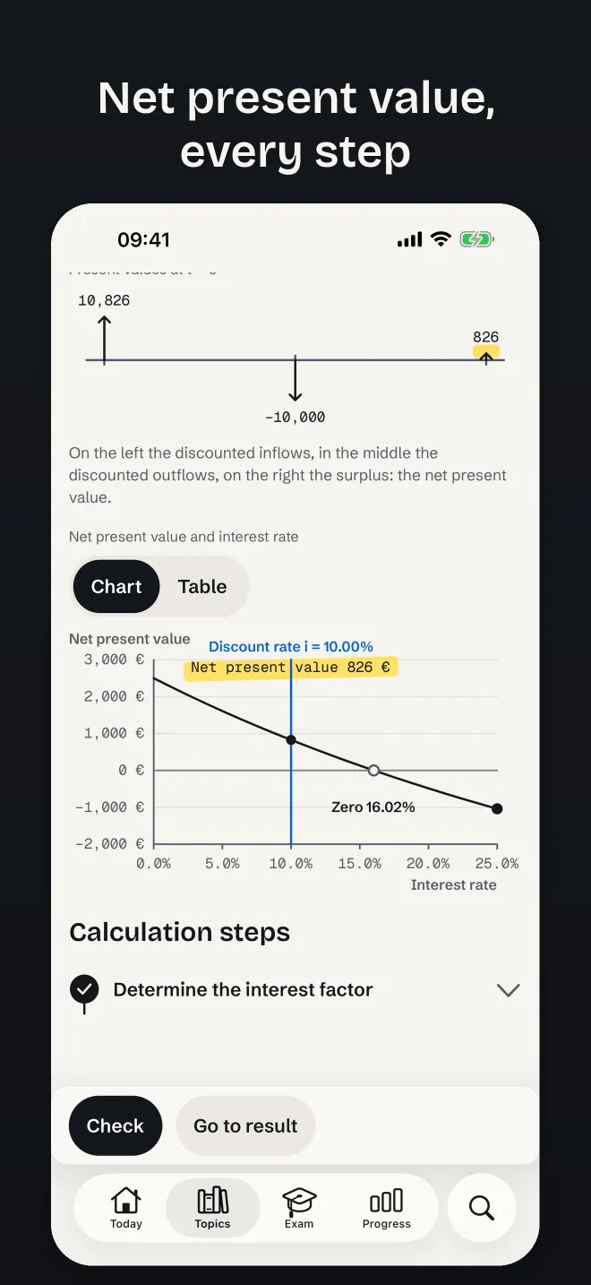 Investment appraisal: net present value with every step of the solution path