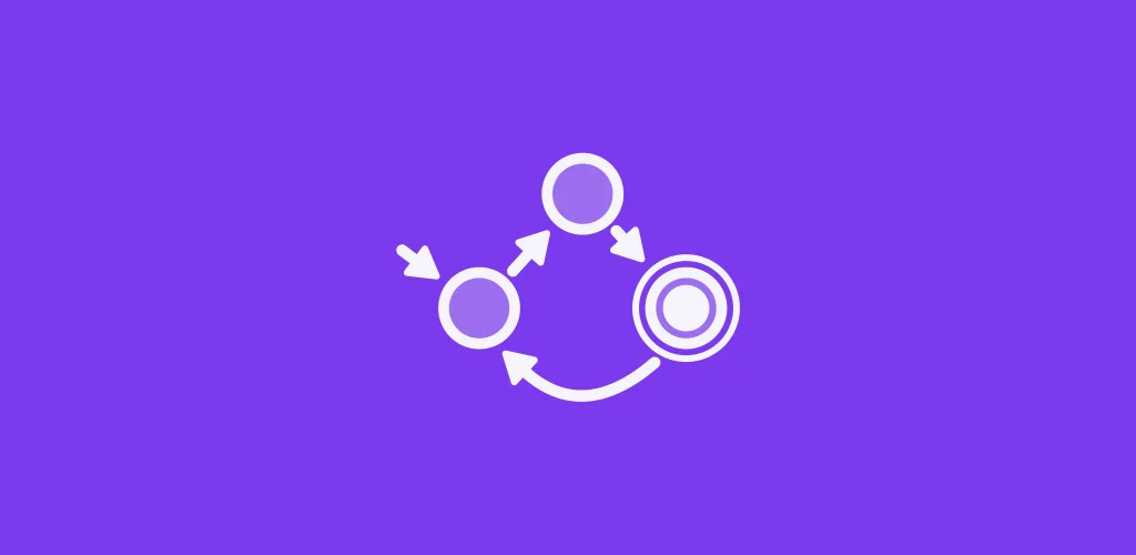 Zeichen der App auf violettem Grund: ein endlicher Automat mit Startpfeil, drei Zuständen und einem Endzustand