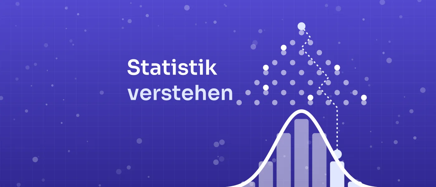 Normalverteilung mit Histogramm und Galton-Brett auf blauem Grund, daneben die Worte „Statistik verstehen“