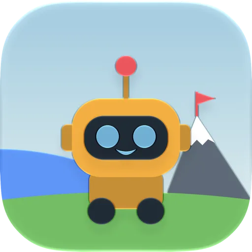 App-Icon von Robo-Entdecker: ein orangefarbener Roboter mit Antenne auf einer Wiese, dahinter Wasser und ein Berg mit roter Zielfahne