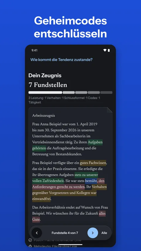 Android: Beispielzeugnis mit farbig markierten Fundstellen im dunklen Erscheinungsbild