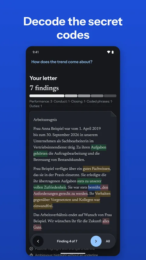 Android: sample letter with colour-marked findings in the dark theme
