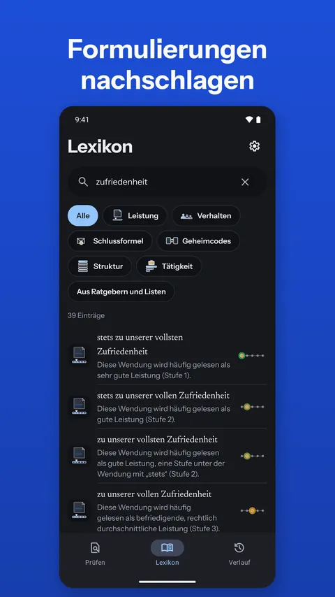 Android: Formulierungslexikon mit Suche und Bereichsfiltern