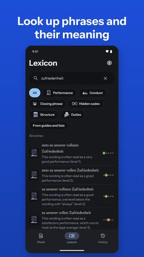 Android: phrase lexicon with search and area filters