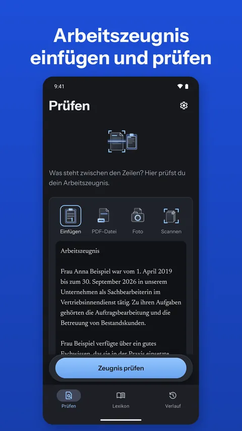 Android: Bildschirm „Prüfen“ mit Einfügen, PDF-Datei, Foto und Scannen und einem eingefügten Beispielzeugnis
