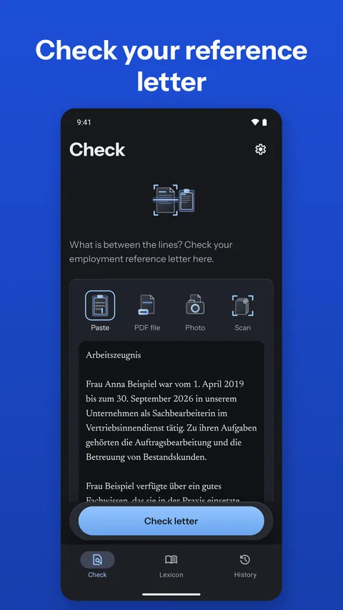 Android: the “Check” screen with paste, PDF file, photo and scan and a pasted sample letter