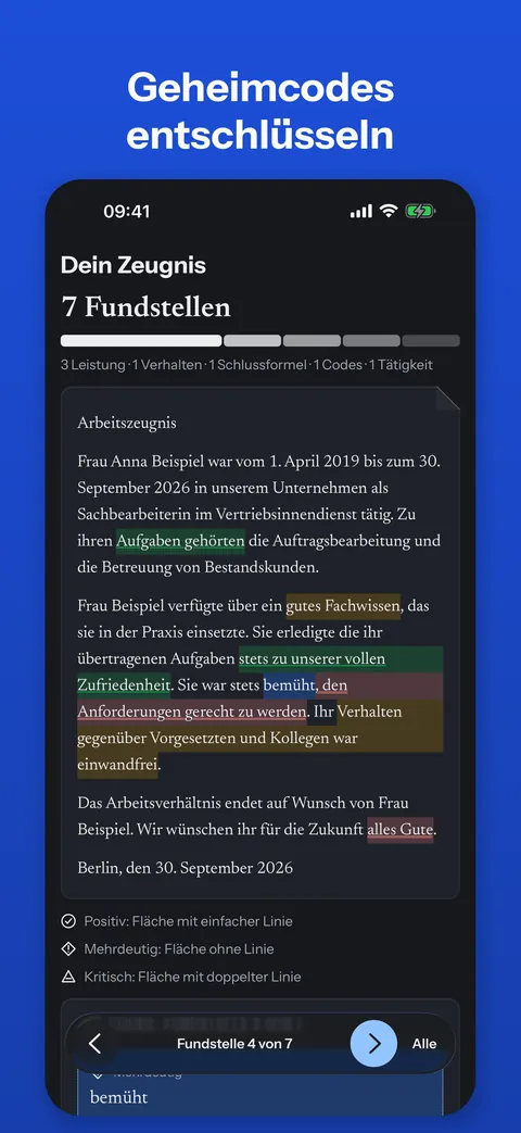 iPhone: Beispielzeugnis mit farbig markierten Fundstellen und der Zahl der Fundstellen je Bereich