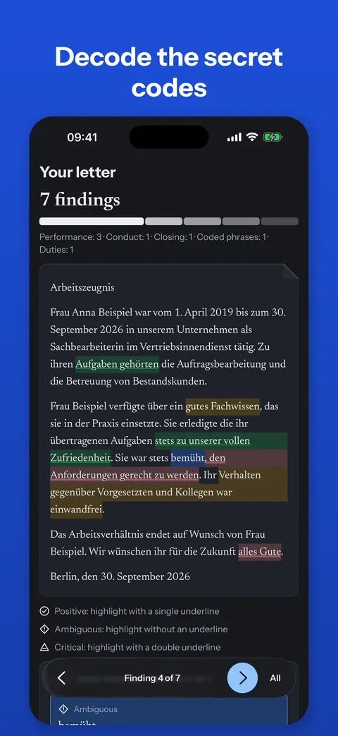 iPhone: sample letter with colour-marked findings and the number of findings per area