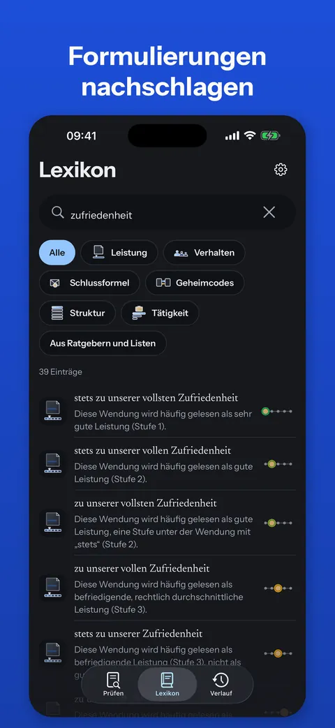 iPhone: Formulierungslexikon mit Suchfeld, Bereichsfiltern und Einträgen mit Stufe der Lesart
